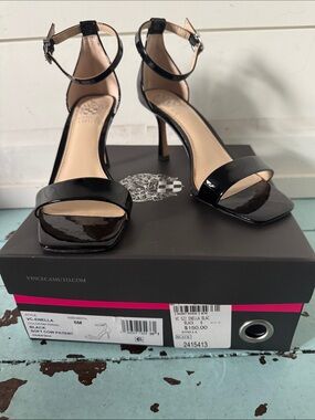 Vince  Camuto Size 6M Enella Black Patent Leather Ankle Strap Appr. 3” Heel